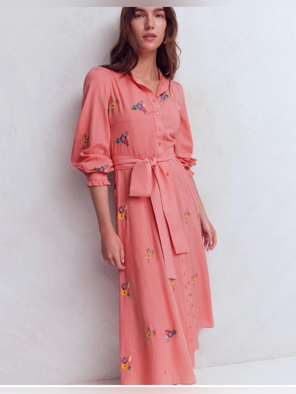 Boden Floral Embroidered Coral Button-Front Midi Dress